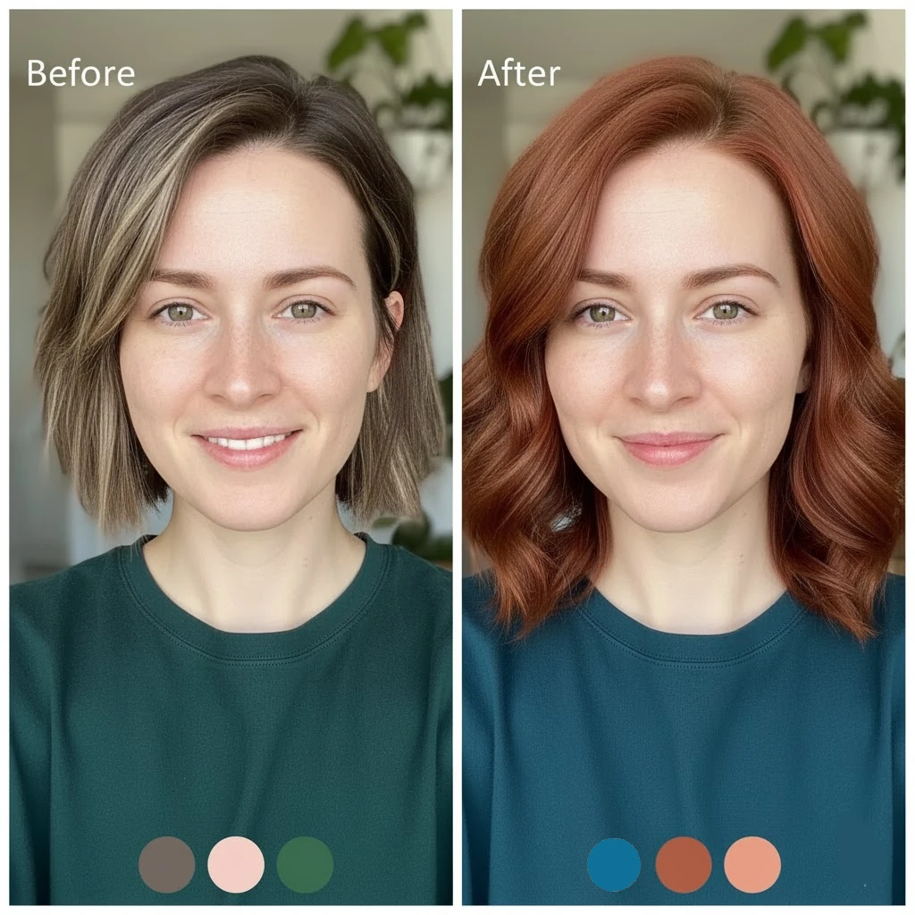 Dramatic before and after comparison showing how the right seasonal colors transform appearance - woman looks radiant in her perfect colors versus washed out in wrong colors
