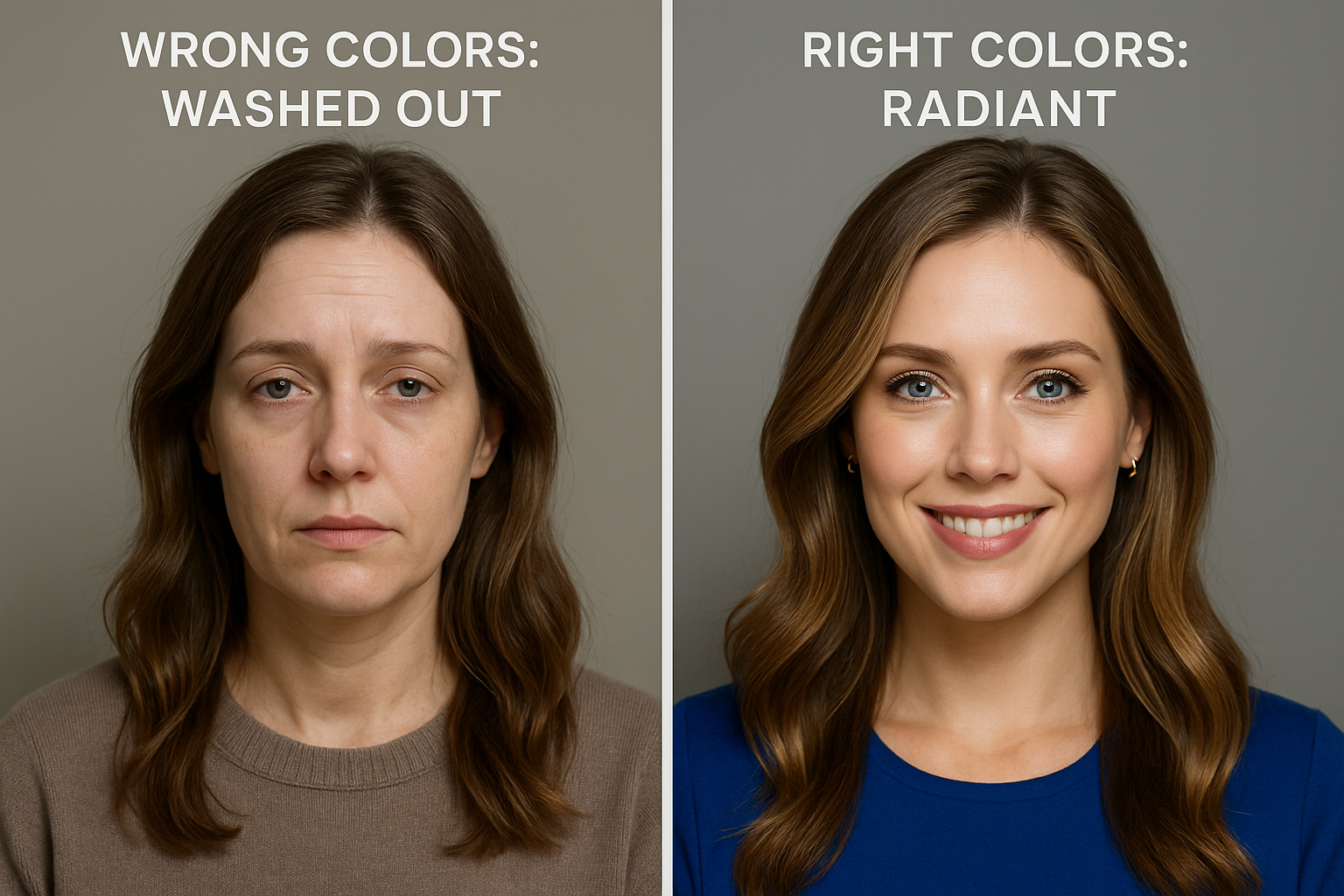 Dramatic before and after comparison showing how the right seasonal colors transform appearance - woman looks radiant in her perfect colors versus washed out in wrong colors